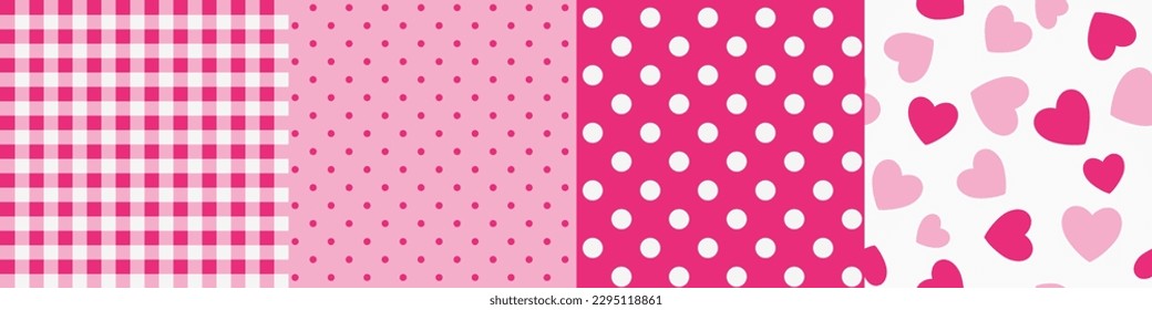 Set of decorative seamless red and pink pattern plaid, polka dot and heart shape. Vector illustration. Wrapping template for Mother's day gift.	