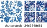 Set of decorative shells, Seahorse, Turtles, Sea stars, Corals and Seamless patterns  