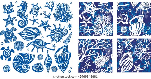 Set of decorative shells, Seahorse, Turtles, Sea stars, Corals and Seamless patterns  