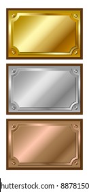 Set of decorative, shiny, metallic, golden, silver and bronze plaques