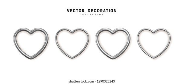 Set of decorative silver hearts isolated on white background