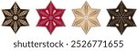 Set of decorative six pointed star hand drawn gingerbread mandalas with doodle floral pattern.