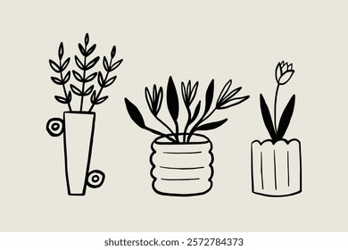 Set Decorative Sketch Flower Pot. Whimsical Black Line Collection Different Pottery Clay Decor. Vector Hand Drawn Style