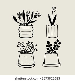 Set Decorative Sketch Flower Pot. Whimsical Black Line Collection Different Pottery Clay Decor. Vector Hand Drawn Style