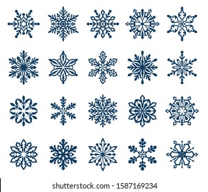 Set of decorative snowflake silhouettes isolated on white. New year holiday decoration. Vector illustration