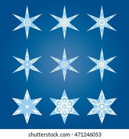 Set of decorative snowflakes, collection of artistic winter design templates, blue color
