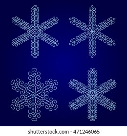 Set of decorative snowflakes, collection of artistic winter design templates, blue color