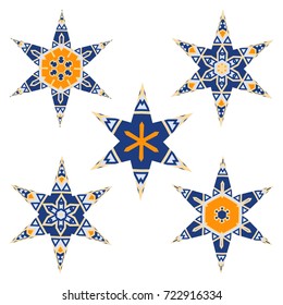 Set of decorative snowflakes, collection of artistic winter, christmas, new year symbols collection, colorful elements, ethnic, tribal decoration, geometric patterns isolated on white