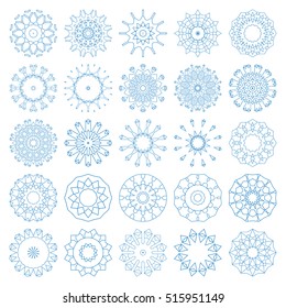 Set of decorative snowflakes, collection of blue winter design templates, isolated on  white.