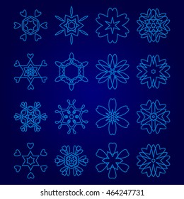 Set of decorative snowflakes, collection of winter design templates, blue color
