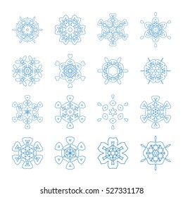 Set of decorative snowflakes, collection of winter design templates, blue color