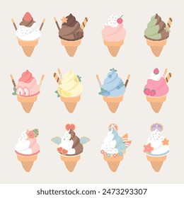 Set of decorative soft ice cream in a cone. Vector illustration images.