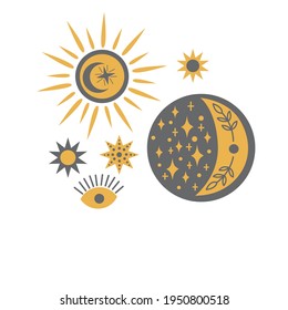 Set of decorative space objects - moon, sun, stars. Vector graphics on a white  background. For the design of the covers of notebooks, phones, for prints on pillows, t-shirts, bags, packaging.