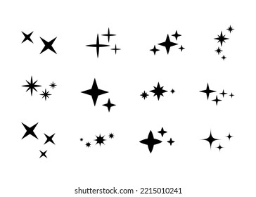 Set of decorative sparkles elements. Black little stars, isolated on white background. Cute star silhouettes for decorating invitations and cards, holiday decor and design.