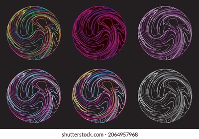 Conjunto de esferas decorativas. Espiral redonda Resumen Elemento de diseño Striped. Ilustración del vector