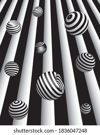 Set of decorative spheres on a black and white background. Abstract vector illustration