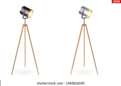 Set of Decorative Spotlight Floor Tripod Lamps. Switch On. Original Sample Model with solid wood legs. For Loft, Living Room, Study Room and Office. Vector Illustration isolated on white background.