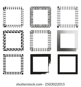 Set of decorative square frames. Various black and white borders. Abstract vector art.