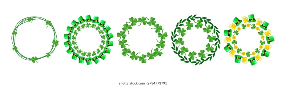 Set dekorativer St. Patricks Day-Kränze aus Schamrock, Klee, Koboldhut, Bier und Goldmünzen. Irische Feiertagsrahmen für Grußkarte, Banner, Einladung, Social Media und Design