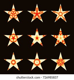 Set of decorative stars, collection of artistic symbols collection, golden decoration, colorful elements, ethnic, tribal decoration, isolated geometric patterns