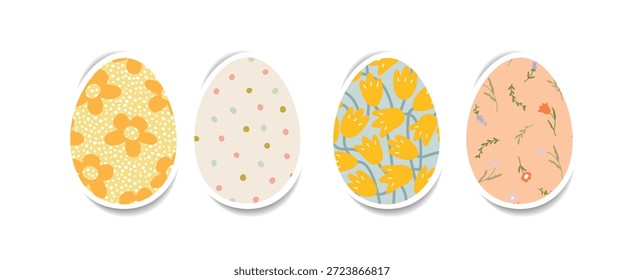 Un conjunto de pegatinas decorativas en forma de huevos de Pascua con varios patrones florales para fiestas y celebraciones de primavera. Estilo plano.