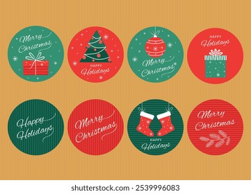 Set of decorative stickers, gift labels, simple vector Christmas elements, red, green white, Christmas tree, socks, Christmas tree ornaments on multicolored backgrounds
