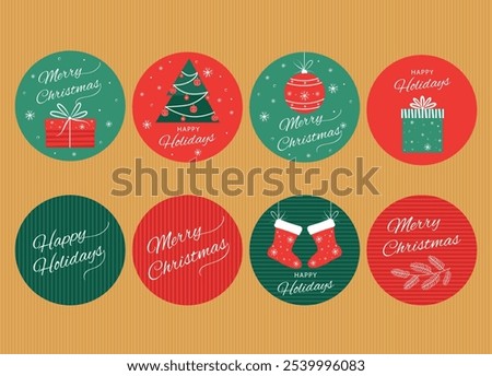 Set of decorative stickers, gift labels, simple vector Christmas elements, red, green white, Christmas tree, socks, Christmas tree ornaments on multicolored backgrounds
