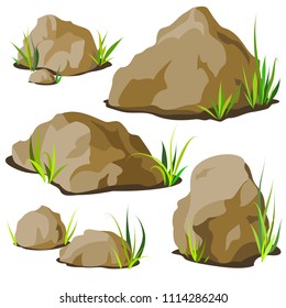 Set of decorative stones of different shapes with grass. Elements of landscape design. Vector illustration.