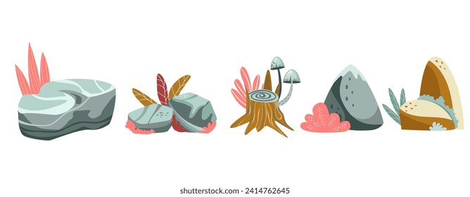 Set of decorative stones mountain rock tree. Isolate on white background, vector.