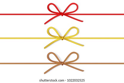 Set Of Decorative String Bow With Horizontal Thin Rope Isolated On White Background. Vector Twine With A Bow