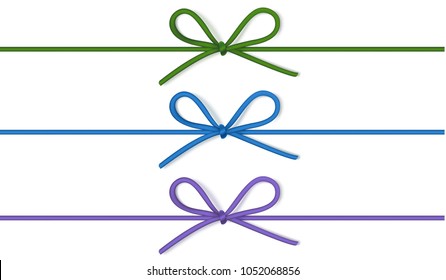 Set of decorative string bow with horizontal thin rope isolated on white background. Vector green, blue, purple  twine with a bow