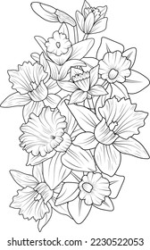 Set of  decorative stylized daffodil flower isolated on white background. Highly detailed vector illustration doodling flowers narcissus and zentangle style, Embellishment tattoo design, coloring book