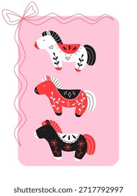 Conjunto de cavalos decorativos estilizados. Animais divertidos bonitos adequados para crianças design, cartões de saudação, cartazes, adesivos, embalagem e marca criativa. Isolado no fundo branco.