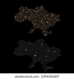 Set of decorative stylized maps of Ukraine from halftone shiny gold and silver dots on black background. Pixel mosaic vector pattern. Festive New Year and Christmas cards in luxurious or rich style