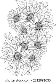 Set of decorative stylized outline daisy flower isolated on white background. Highly detailed vector illustration, doodling and zentangle style, floral tattoo design coloring page and books