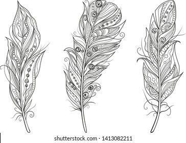 Set of decorative stylized outline feathers isolated on white background. Highly detailed vector illustration, doodling and zentangle style, tattoo design