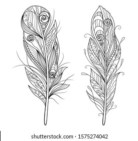 Set of decorative stylized outline feathers isolated on white background. Vector illustration, doodling and zentangle style, tattoo design