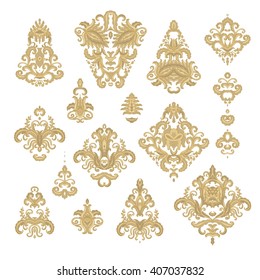 Set of decorative stylized vignettes, rosettes, renaissance, vintage style, on white background