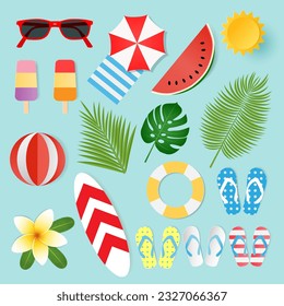 Set of decorative summer elements,  travel, beach, summertime accessory. Cocktails, ice cream and fruits vector illustration.