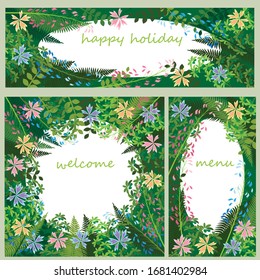 a set of decorative summer and spring frames in a rustic style. horizontal, vertical, square format. it can be used for decorating a summer holiday or wedding. stock vector illustration. EPS 10.