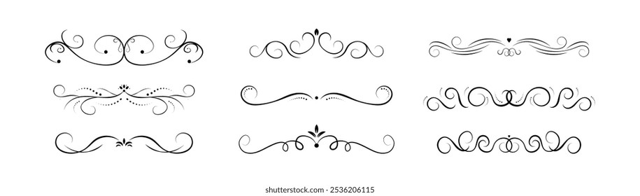 Conjunto de divisor de remolinos decorativos. Colección de objetos caligráficos para invitación de boda, tarjeta de felicitación, divisor de libro, diseño de certificado. Elementos de borde negro vintage de Vector sobre fondo blanco