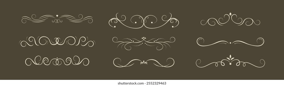 Conjunto de divisor de remolinos decorativos. Colección de objetos caligráficos para invitación de boda, tarjeta de felicitación, divisor de libro, diseño de certificado. Elementos de borde vintage de Vector sobre fondo marrón