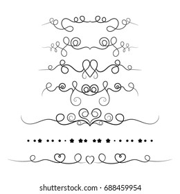 Set of decorative swirls elements, dividers, page decors. Hand drawn vector ornaments with heart.