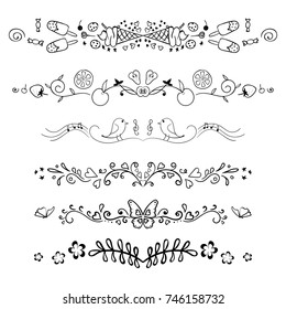 Set of decorative swirls elements, dividers, page decors. Hand drawn vector ornaments with heart, bird, music, music, fruit, sweets, ice cream, desserts, butterflies, flowers
