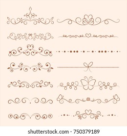 Set of decorative swirls elements, dividers, page decors. Hand drawn vector ornaments with heart, butterfly, flowers, curls for invitation, congratulation and greeting card