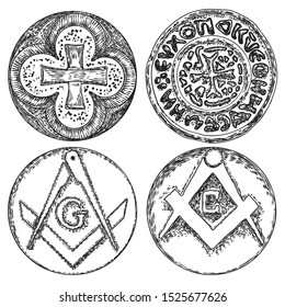 Set of decorative symbols. Circular decorative Christian religion cross design and Square and Compass, mysteries of mankind knowledge , occultism, spirituality and esoteric design. Vector.