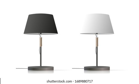 Set of decorative table lamps. Original model with a silk lampshade and a metal leg. For living room, bedroom, study and office. Vector illustration on a white background.