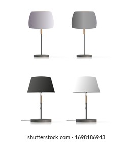 Set of decorative table lamps. Original model with a silk lampshade and a metal leg. For living room, bedroom, study and office. Vector illustration on a white background.