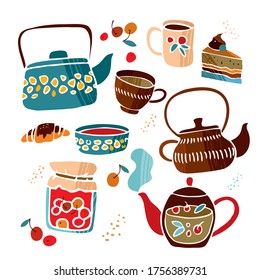 Set of decorative tableware teapots, cups, jam, cherries, cake, croissants. Elements of kitchen utensils in Scandinavian style for the decorб, about a happy life, comfort, hygge. Vector illustration.