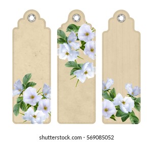Set of decorative tags or bookmarks with white flowers. Floral wedding banners